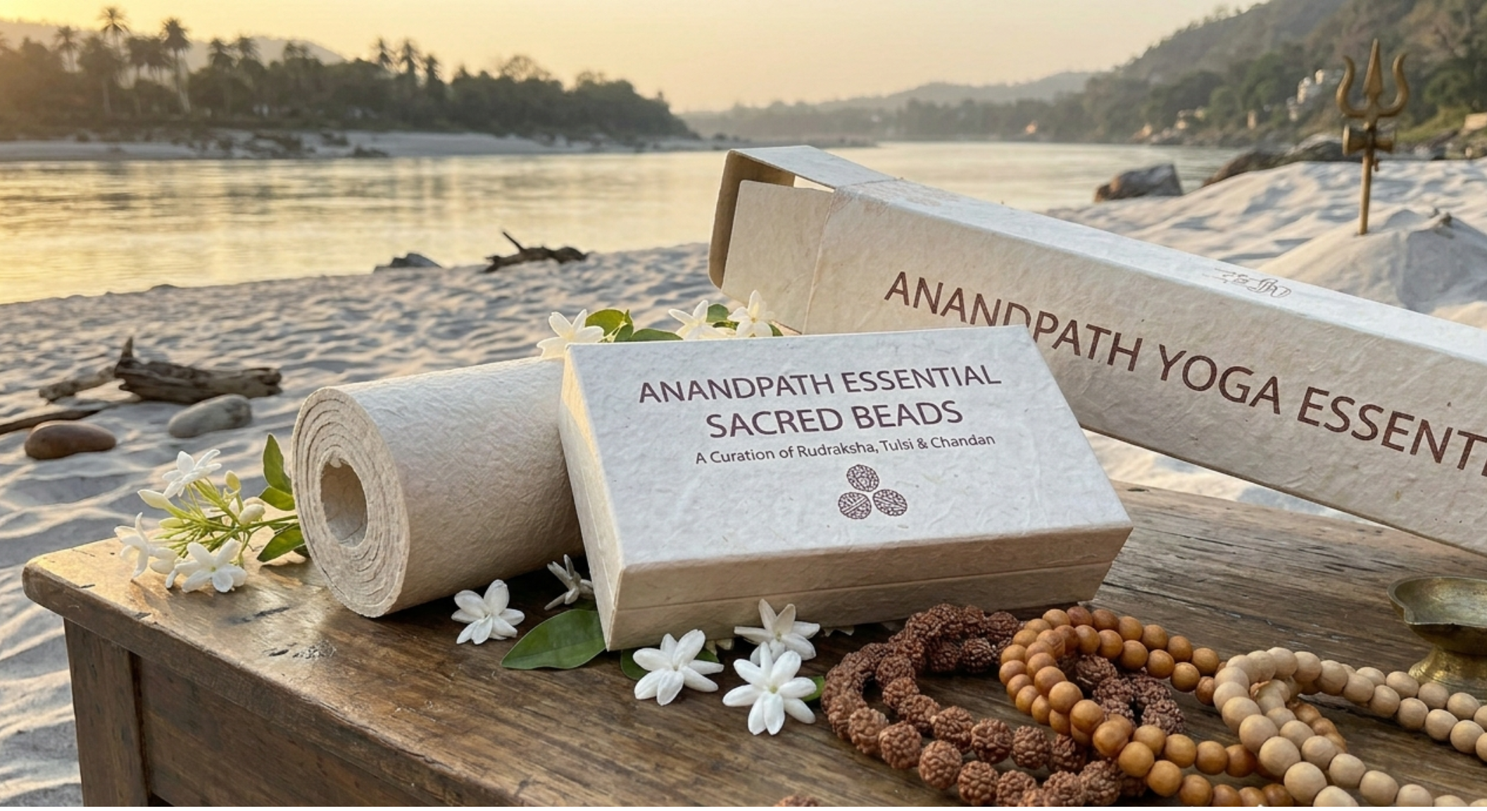 Ganga river, table, yoga mat, Rudraksha bedas